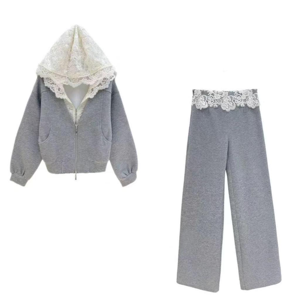 2026 Winter Korean Fashion: Women's Lace Splicing Hooded Sweatshirt & Casual Pants Set
