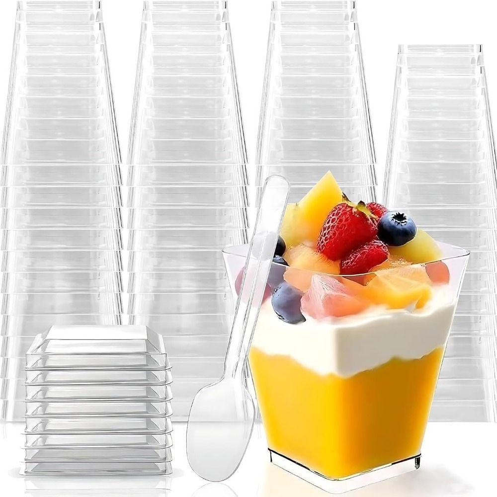 50PCS Durable With Lids Plastic Dessert Cups with Spoons Clear Square Cups Yogurt Parfait Cups Party