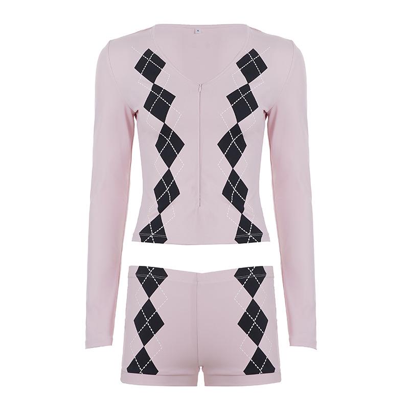 Fashionable INS Plaid V-Neck Top & Slim-Fit Shorts Two-Piece Set for Women Large