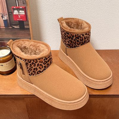 Lucyever Leopardzi Wzór Sztuczny Zamsz Śniegowce Kobiety Antypoślizgowe Pogrubione Pluszowe Zimowe Botki Platformowe Kobieta