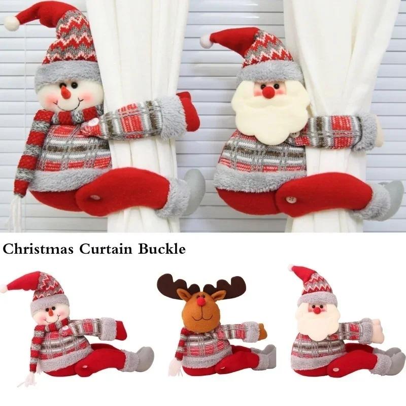 Christmas Curtain Buckle Home Decorations Santa Claus Sonwman Window Ornament Decor Supplies Accessories for Living Room