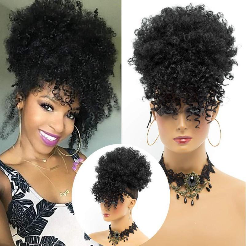 High Afro Puff Wig With Bangs Double Ponytail Women Heat Resistant Synthetic Hair