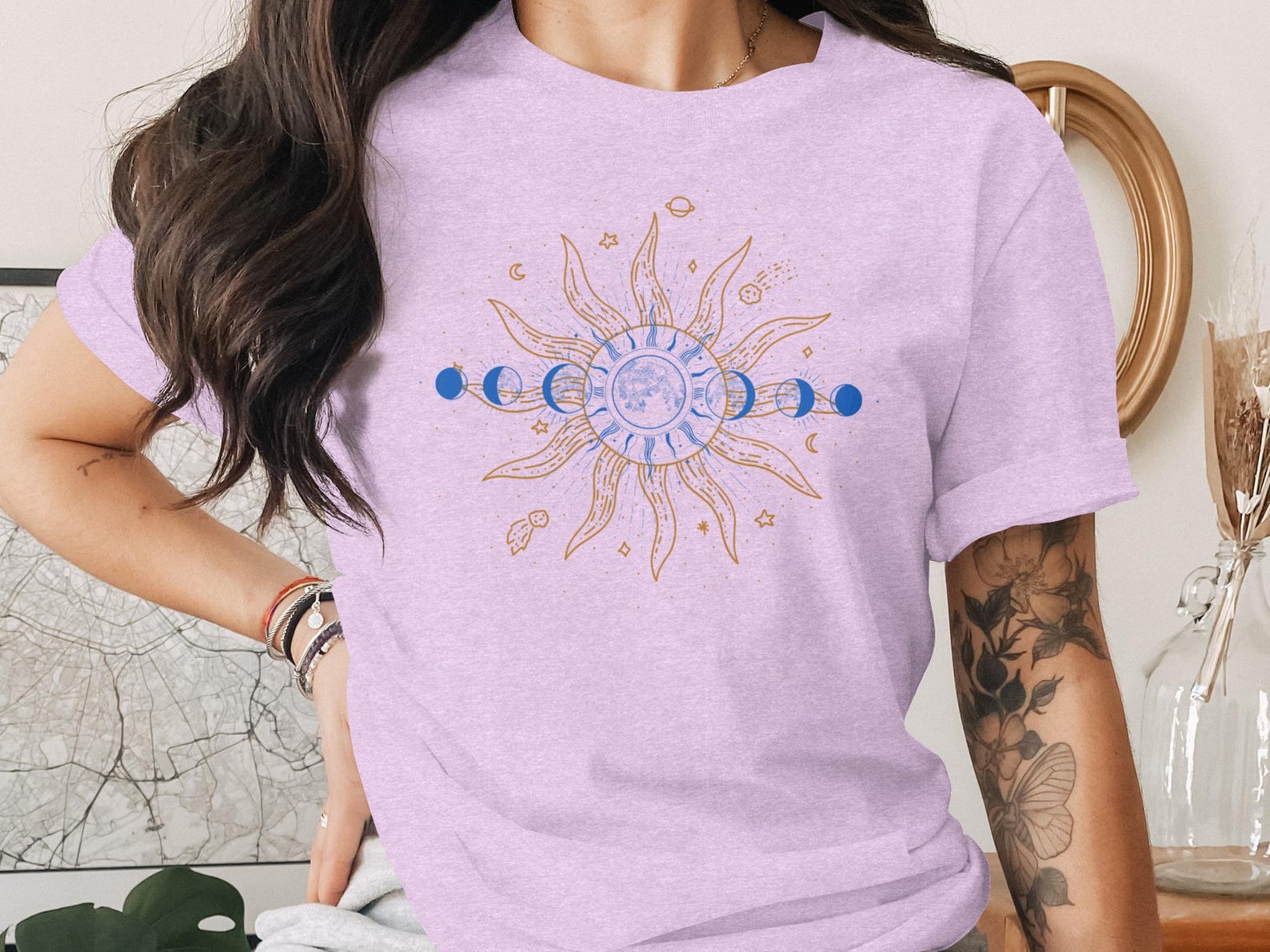 Celestial Sun Moon Phases T-Shirt, Mystical Astrology Cosmic Graphic Tee, Boho Indie Stargazer Top L