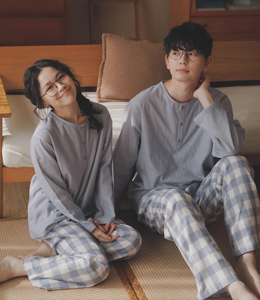 Euyqs Cotton Pajama Long Sleeve Henley Top and Loungewear Light Blue Check Set, Pants, (JP, Alphabet, XL, Pattern)