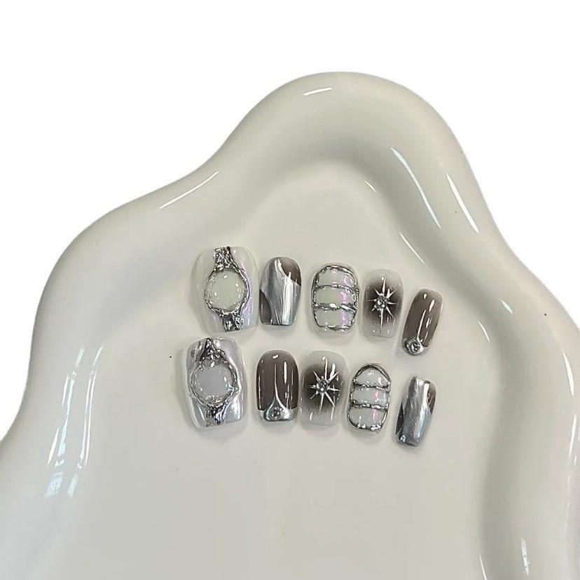 Metallic Style Handmade Wearable Nails Black Pink Hottie Fake Nails Super Cool Short Press-on Nails