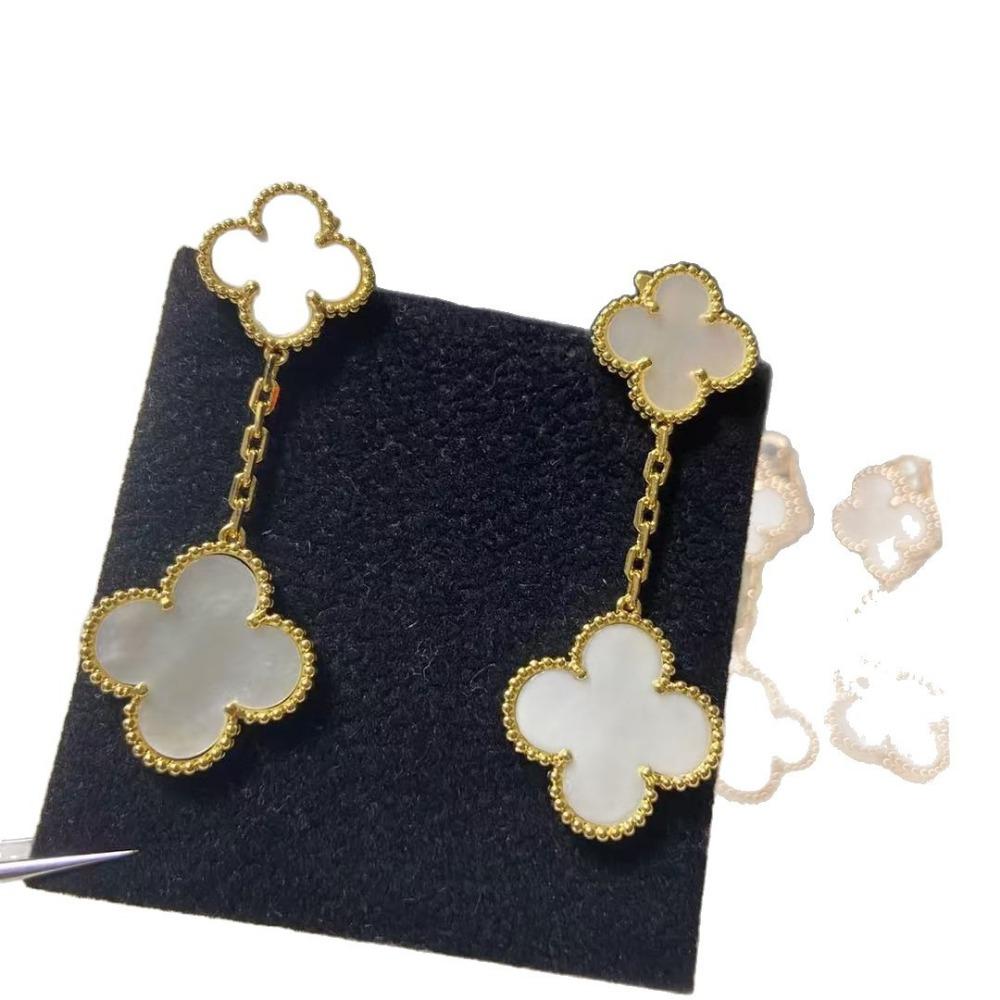 New Arrival Four-Leaf Clover Earrings Two Flowers 18k Rose Gold Black Agate Carnelian Earring Clasp