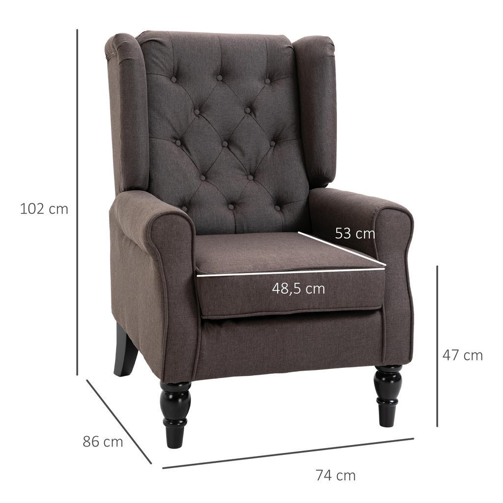 Poltrona Wing Chair con Braccioli, Sedia da Salotto con Cuscino, Trapuntatura, Poltrona con Schienale Alto e Gambe in Legno, Poltrona Reclinabile per Soggiorno, Camera da Letto