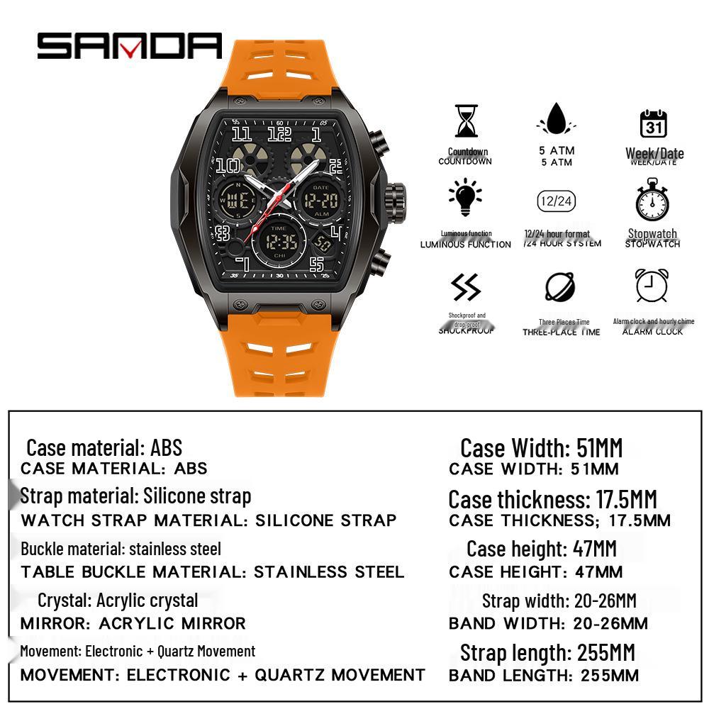 Sanda Dual Display Waterproof Barrel-Shaped Electronic Watch with Alarm for Students and Parties