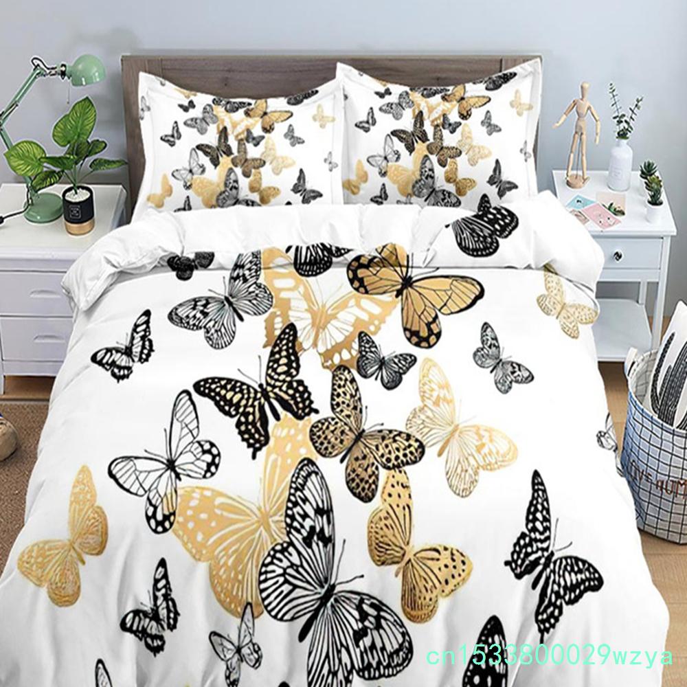 3D Bunter Schmetterling Bettbezug Natürliches Blumen- und Schmetterlingsmuster Bettwäscheset für Mädchen Frauen Mikrofaser mit Kissenbezügen