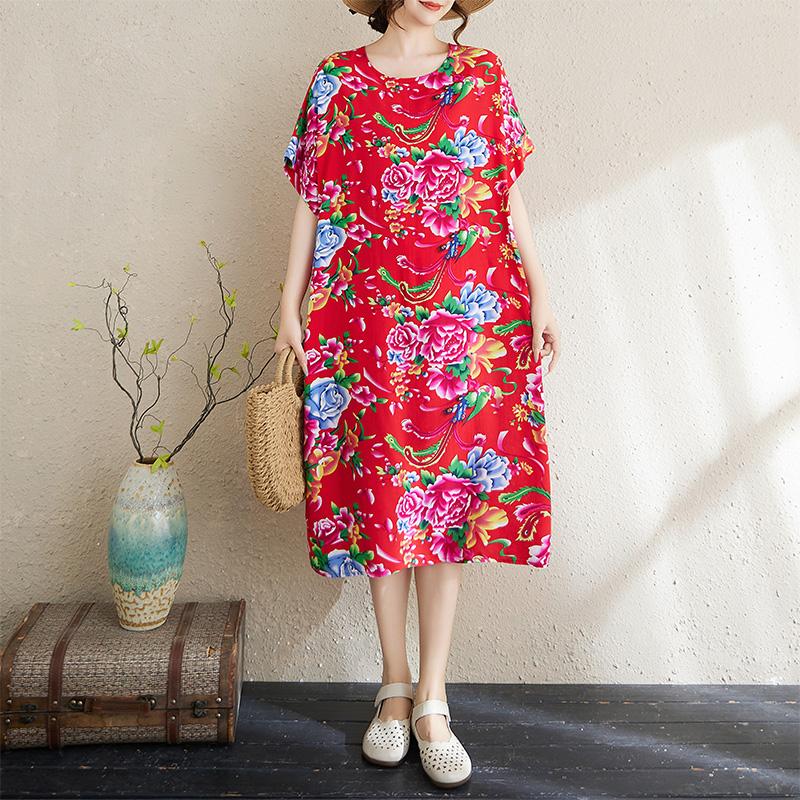 

Dimanaf Новое женское летнее платье большого размера 2025 года, базовое повседневное платье с коротким рукавом, цветочное свободное винтажное платье One Size красный
