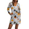 Women's Fashionable V-neck Long Sleeved Drawstring With Pocket Halloween Printed Casual Dress