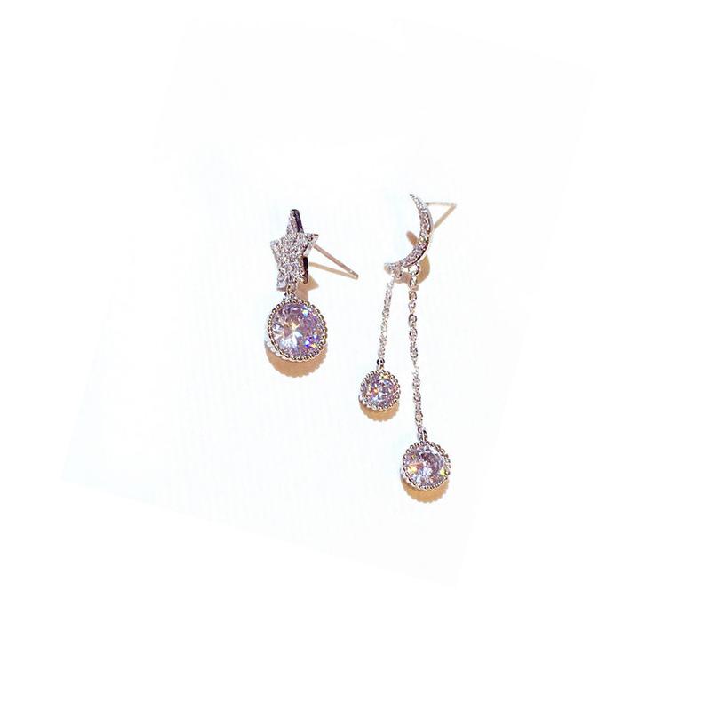 Moon Star Long Stud Earrings with Bling Zircon Stone for Women Fashion Jewelry Asymmetry Earring