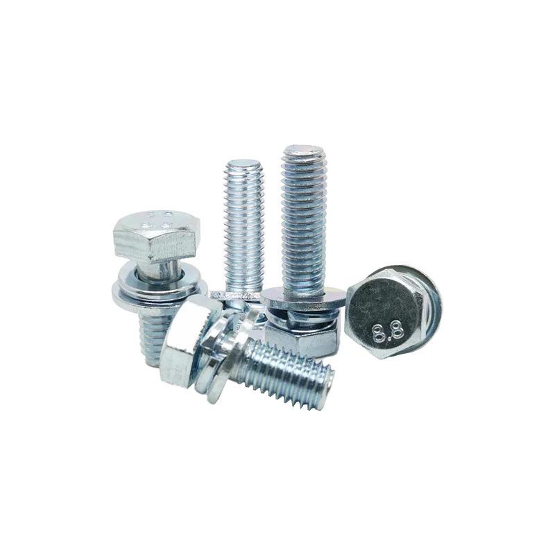 Grade 8.8 Galvanized Hex Bolt Set: Includes Hex Bolt, Spring Washer, Flat Washer (Sizes: M4, M5, M6, M8, M10, M12)