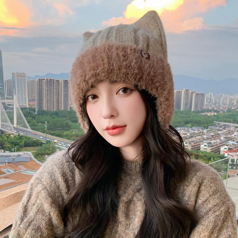 Cute cat ears knitted wool hat women's autumn and winter super cute headgear outdoor windproof ear hat