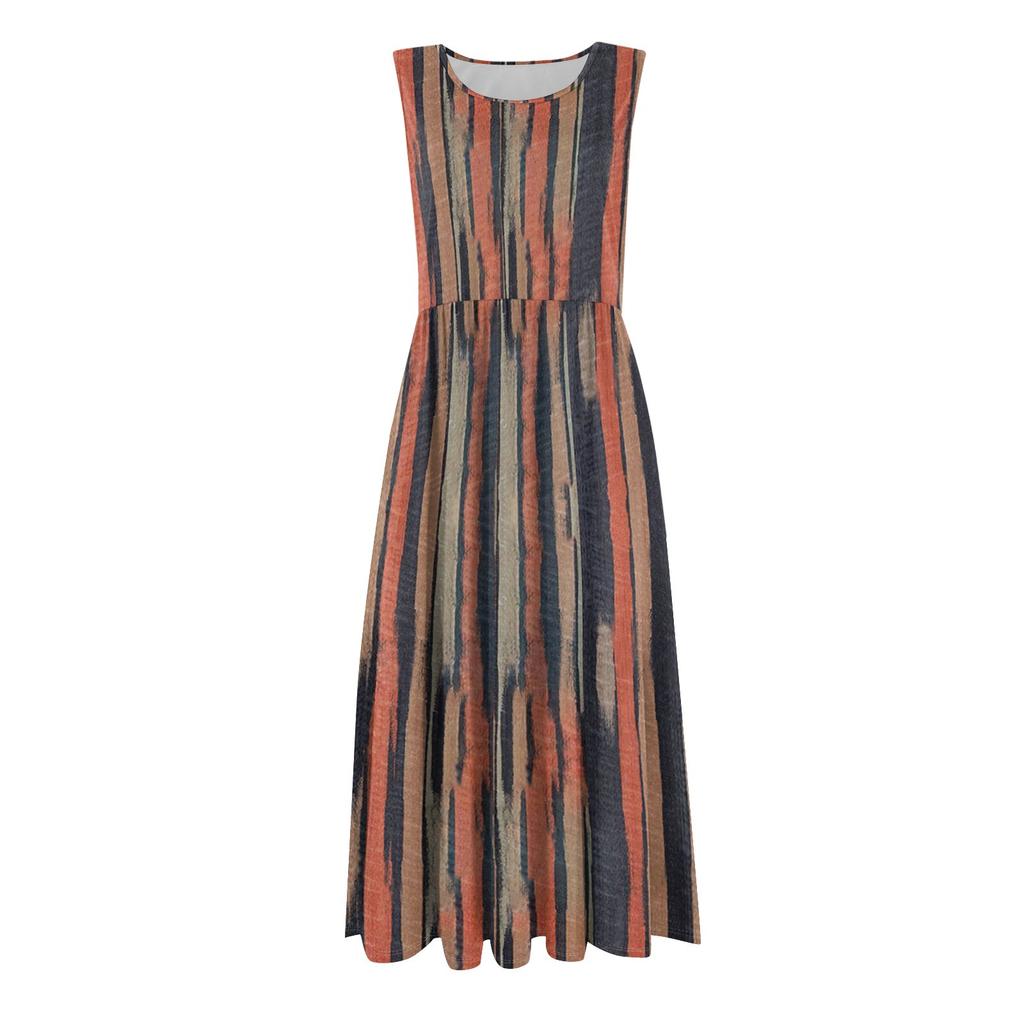 Women's Fashionable Printed Round Neck Sleeveless Casual Pullover Pocket Mid Length Dress