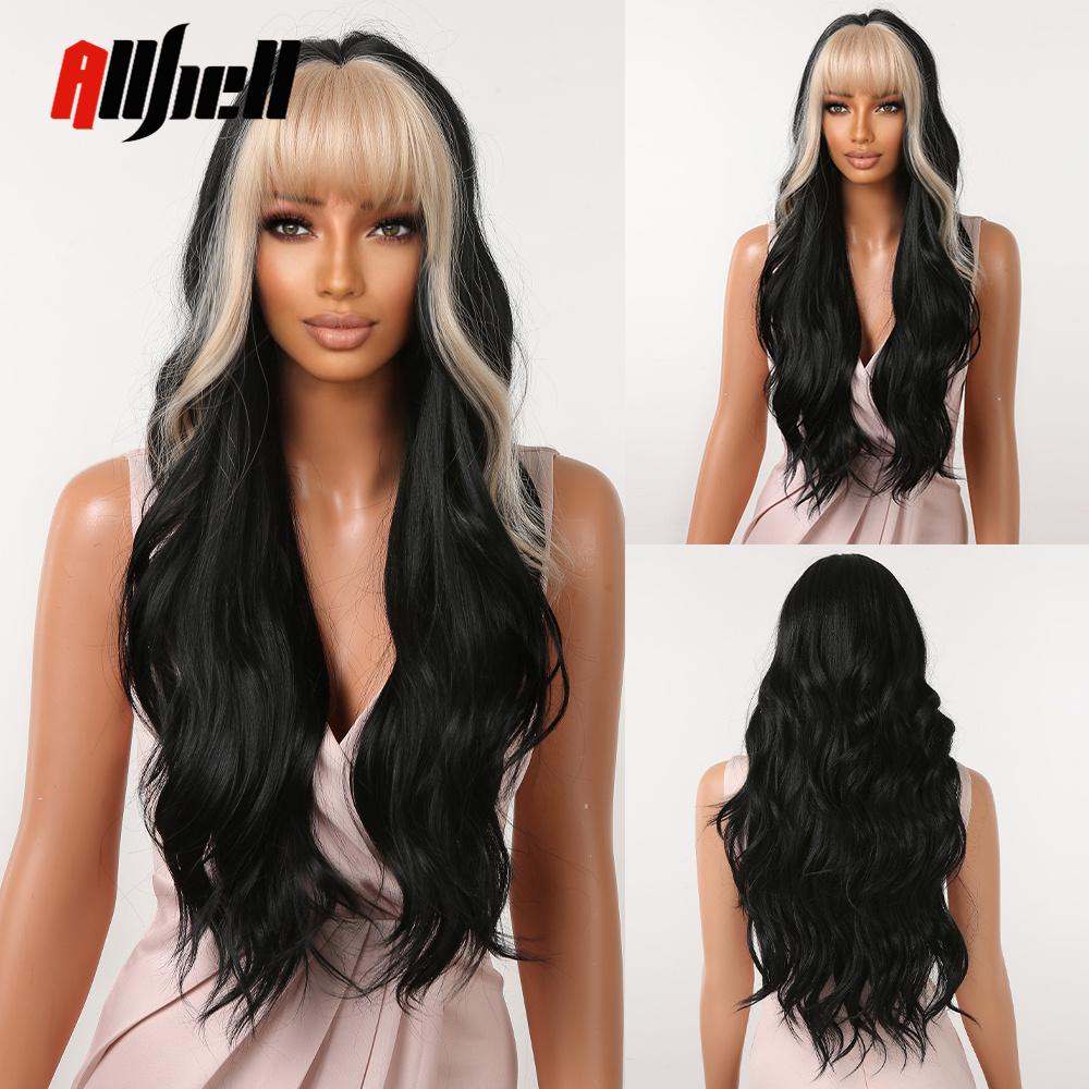 Long Wave Synthetic Wigs With Black Bangs Body Wavy Natural Black Hair Wig Heat Resistant for Women Daily Halloween Cosplay Use