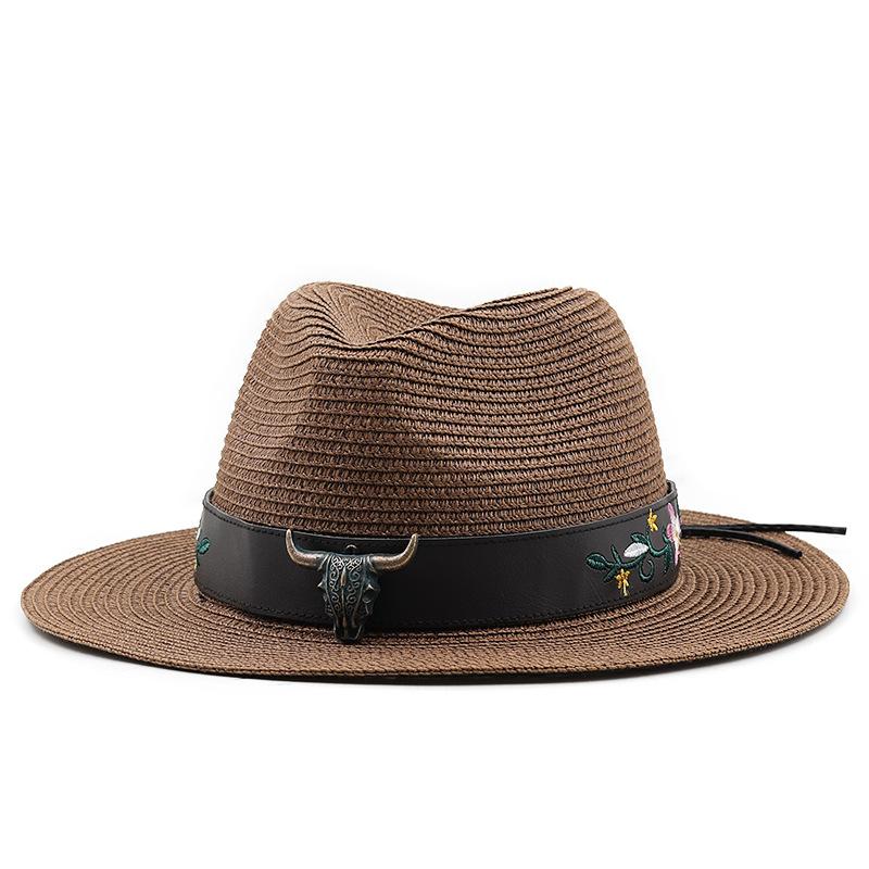New rivet brown belt Panama straw hat jazz hat sun hat outdoor beach sun protection cowboy hat