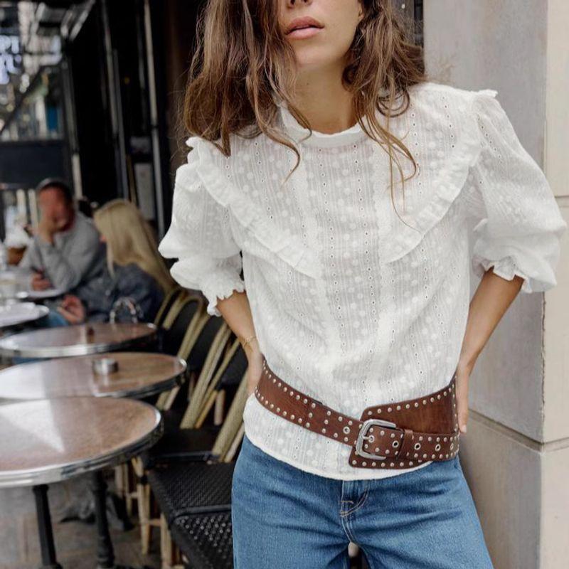 Spring New Women clothes Hollow Embroidery French style Romantic Style Stand Collar White Short sleeve Shirts 4387234