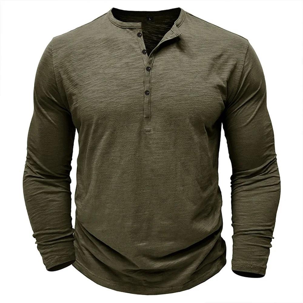 Men‘s Henley Neck Long Sleeve T-shirt Casual Breathable Lightweight Cotton Tops Male Solid Color Cozy Button Tees