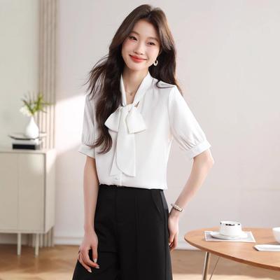 Korean Style Satin Bow Blouse: Women's Long Sleeve White High-End Fashion Top for Spring/Autumn