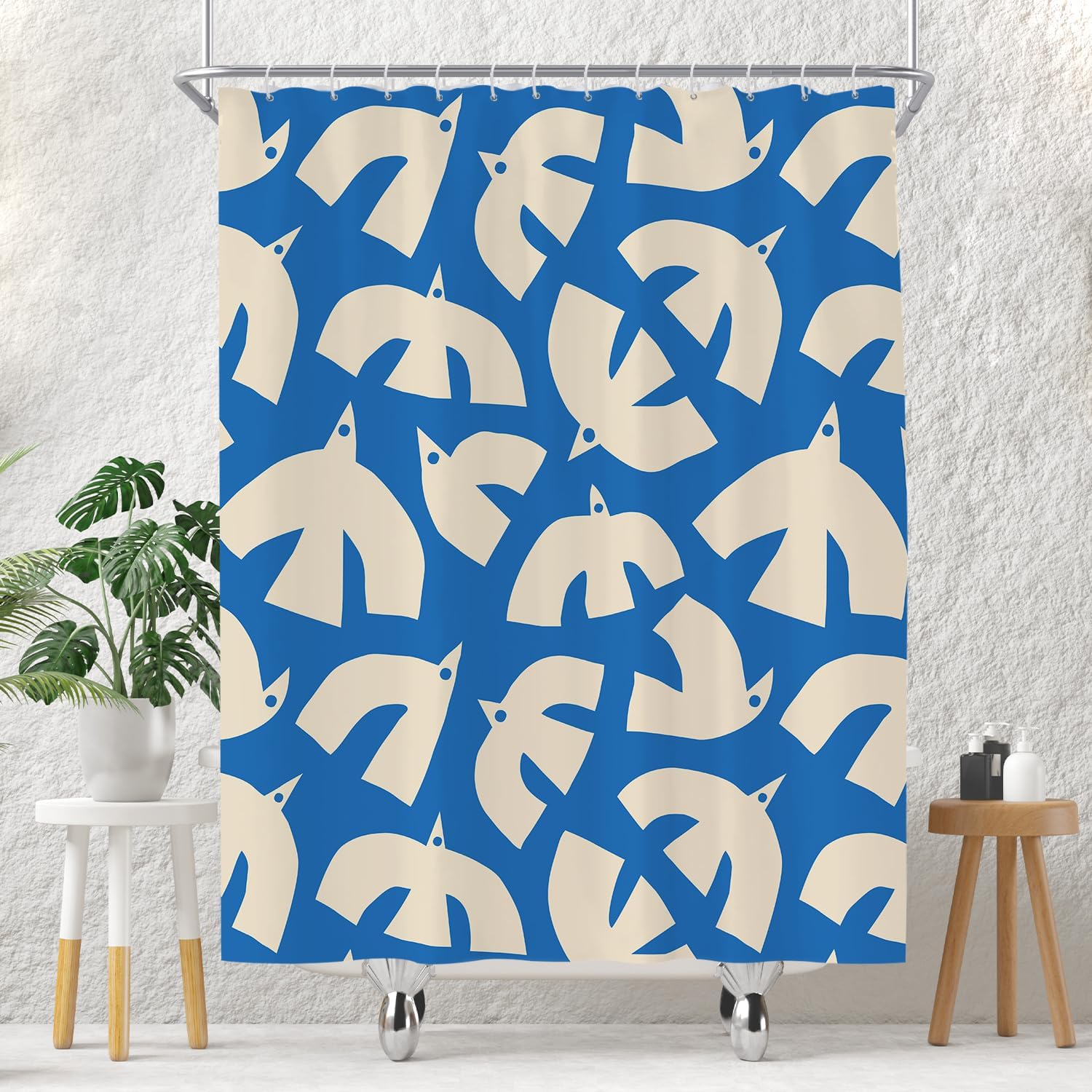 

Blue and Cream Birds Pattern Shower Curtain 70x72 Inches Modern Nordic Bathroom Decor With Geometric Animal Design 90x180cm35x71in