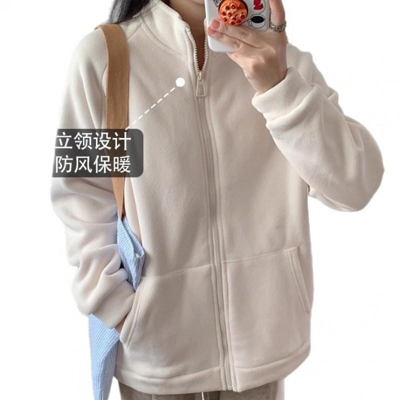 Womens Fleece Jacket Winter Warm Cardigan Double-sided Velvet Liner Stand Collar Coat