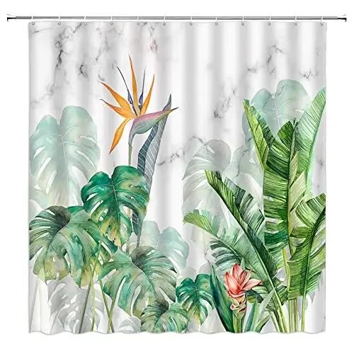 Tropical Plant Shower Curtain Watercolor Floral Hummingbird Green Leaves Botanical Jungle Sanitary Napkin Curtain Bathroom Decor