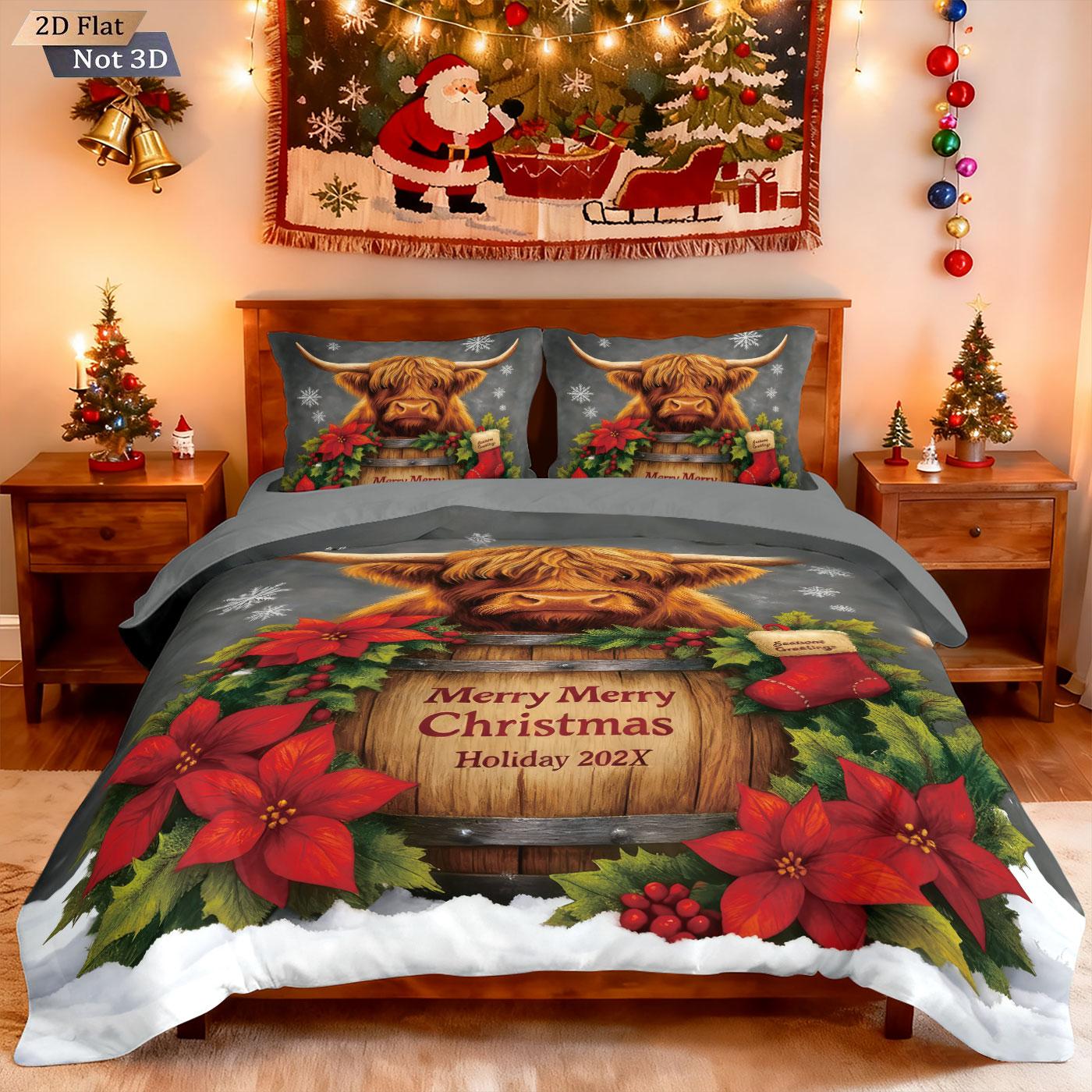 Comforter 3Pcs Valentine S Day Highland Cow Printed Chipless Quilt Set Multi Size Bedding Dormitory Bedding Festival Decoration Comforter (quilt)-EU Single(135*200cm)3pcs