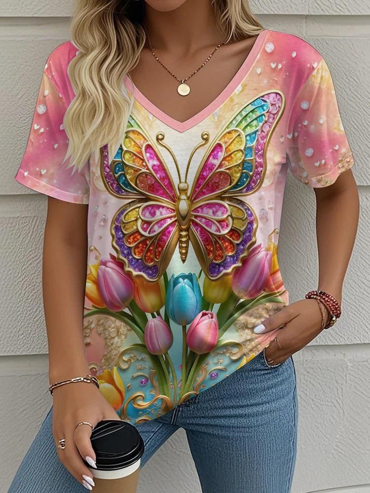 3D Butterfly Printed Short Sleeve T-shirt Korean Style Women's Clothes 2024 V-neck Short Sleeves Tees Shirt Loose Casual Blouses