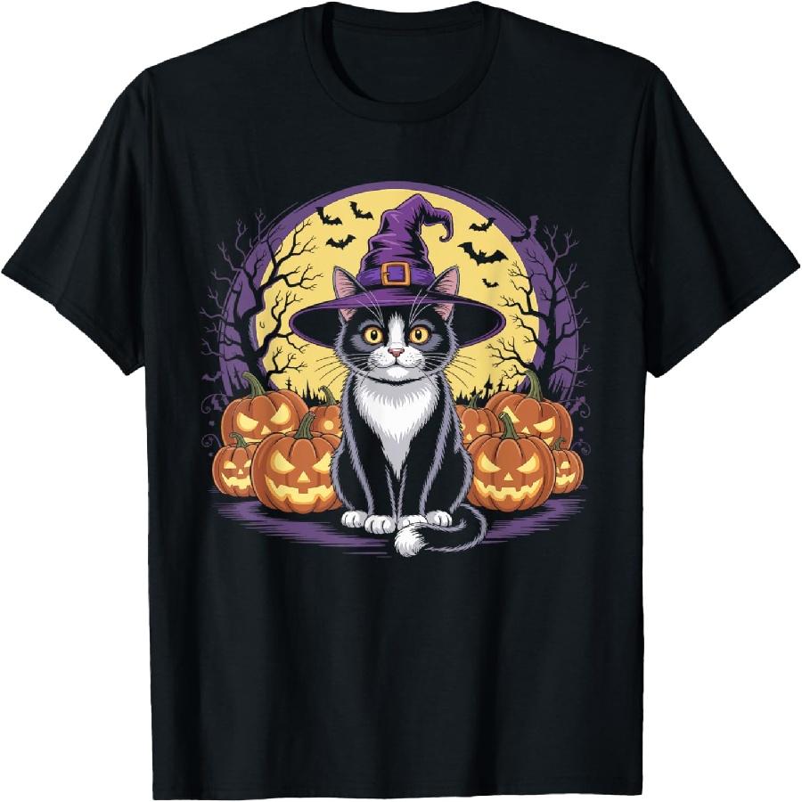 Cute Retro Cat with Pumpkins Funny Halloween Costume Design T-Shirt(1) S