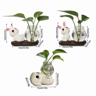 Vaze cu plante hidroponice cu iepure drăguț Vază din sticlă transparentă Decor pentru masă Sticla cu flori acvatice cu bază de lemn