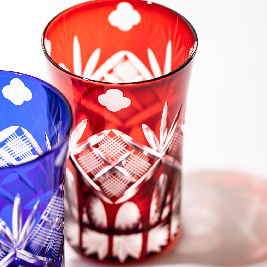 Kobo Official Direct Edo Kiriko Yotsuba Genroku Crest Tumbler In Wooden Box Made In Japan [Taimuro Sales] (red) TB90619-4R