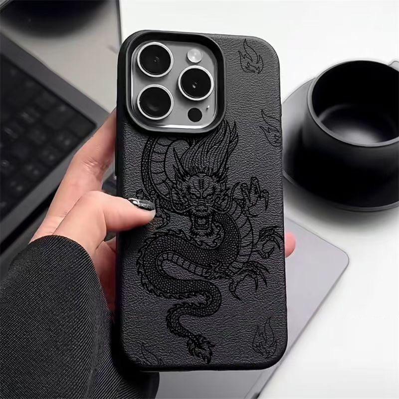 Husă Moale Mată cu Model Dragon Negru Pentru iPhone 16 Pro Max 15 Pro 14 13 12 11 TPU Textură Piele Subțire Rezistentă la Șocuri Husă Bumper