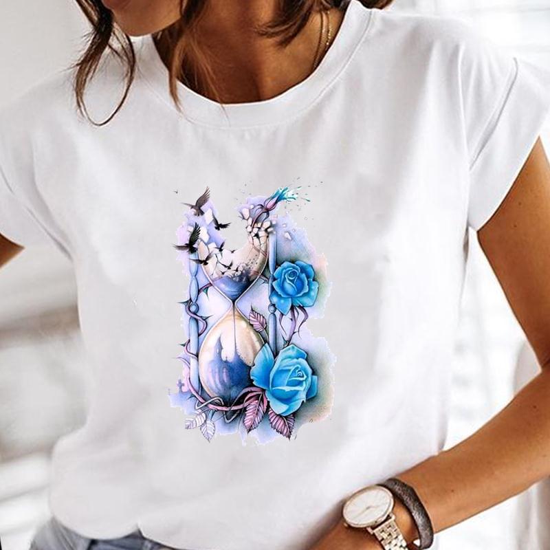 90s Cute Women Short Sleeve Flower Watercolor Trend Print Tee Top Summer Fashion T-shirt Clothing Casual Lady Female Graphic T-shirt