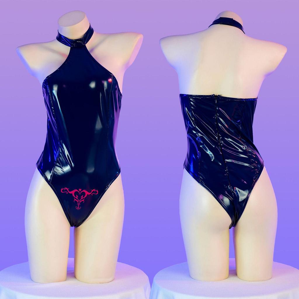 "Stylish Patent Leather Halter Neck Swimsuit - Backless, Slim Fit, Unique Print, C2051"