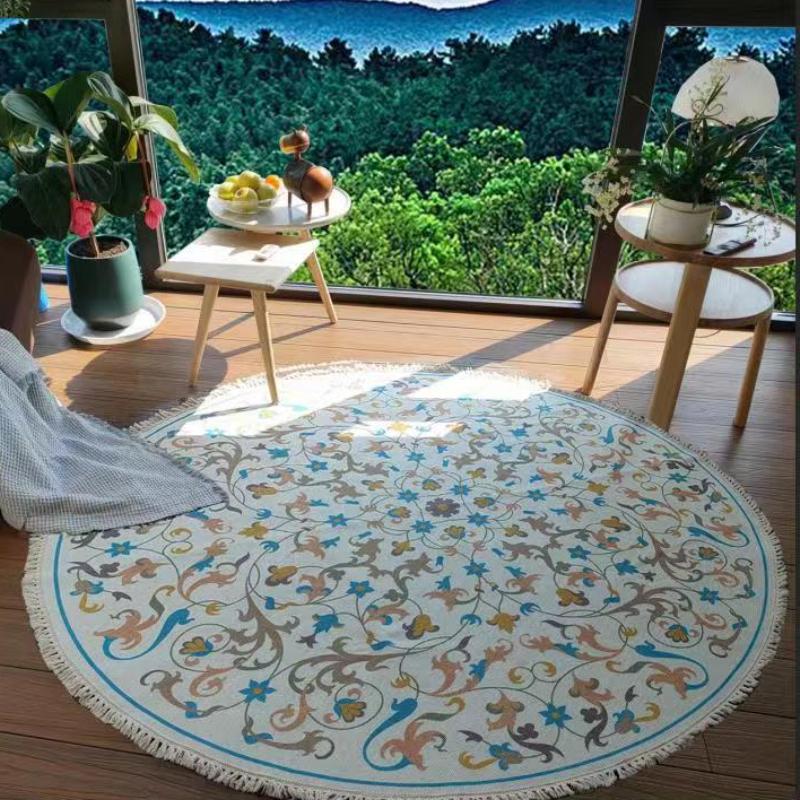 Nordic Round Carpets Bohemia Ethnic Tassel Yellow Mandala Carpet Living Room Cotton Linen Big Rugs Modern Classic 120cm Mats