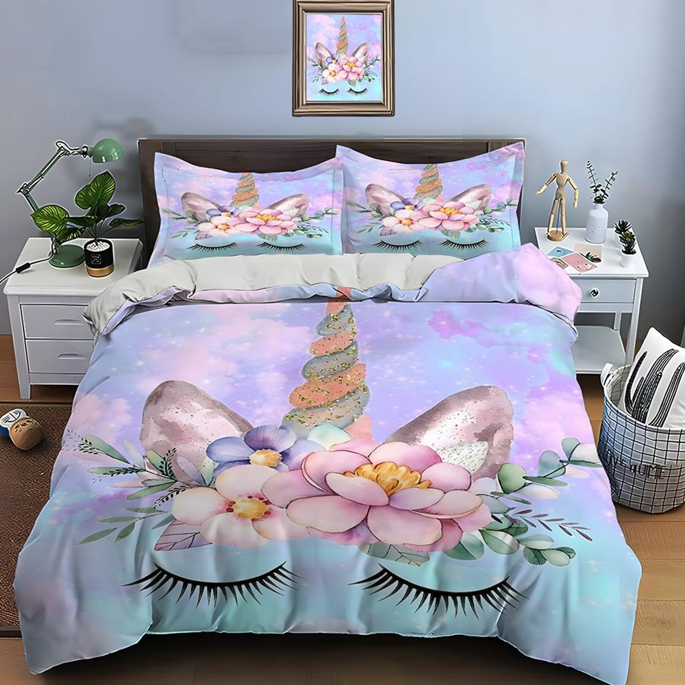 3PC Pink Unicorn Print Bedding Set Duvet Cover 1 Duvet Cover 2 Pillowcases Adult and Children Bedding Set Luxury To Girls Gifts