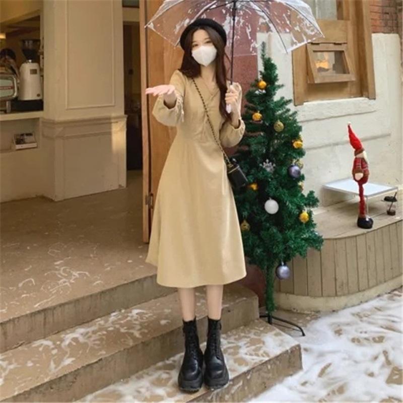 Women's V-Neck Long Sleeve Midi Dress Korean Style Solid Color A-Line Swing Dress Casual Elegant Button Down Dress For Spring Autumn