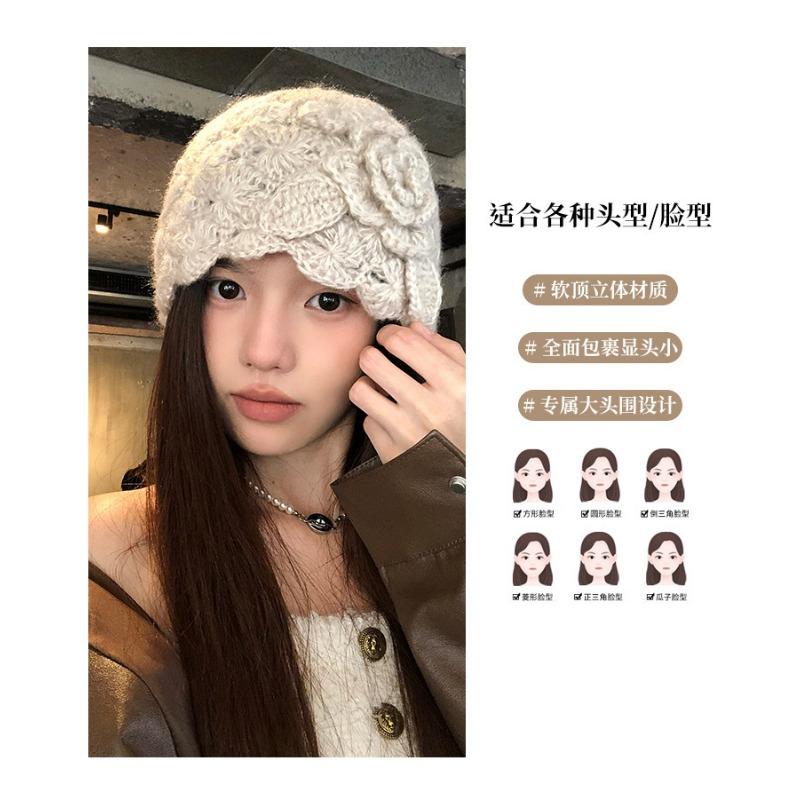 Women Japanese Style Hollow Flower Knit Beanie Autumn Winter Warm Hat