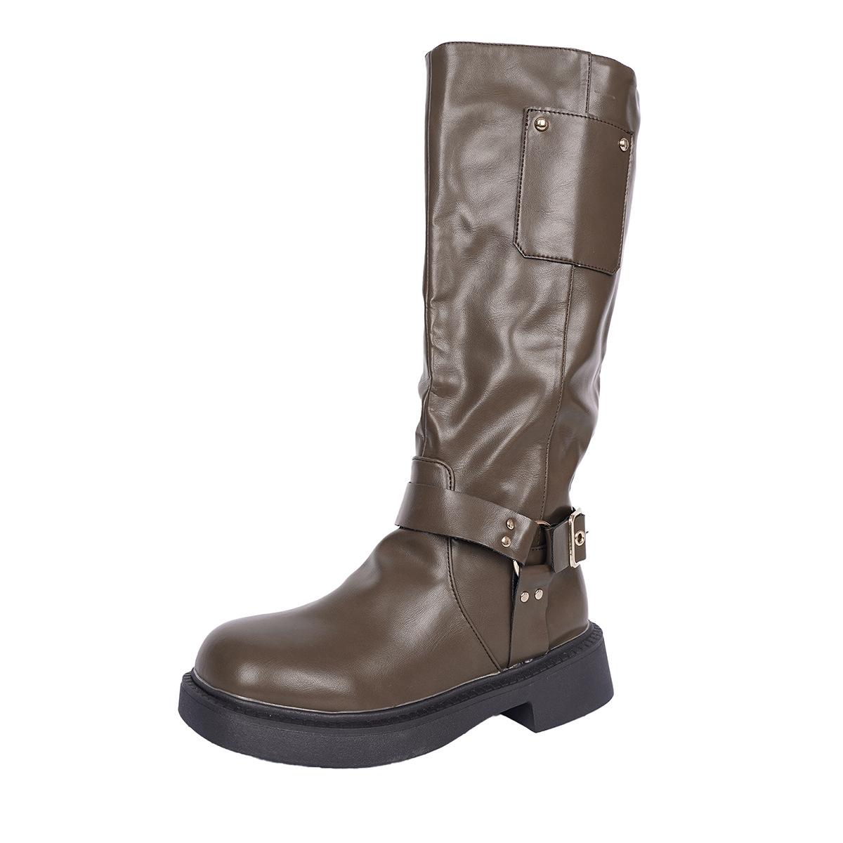 

Belt Buckle British Style Side Zipper Mid Heel Boots Autumn New Rivet Knight Boots for Women Pu Leather Fashion Botas Mujer 42