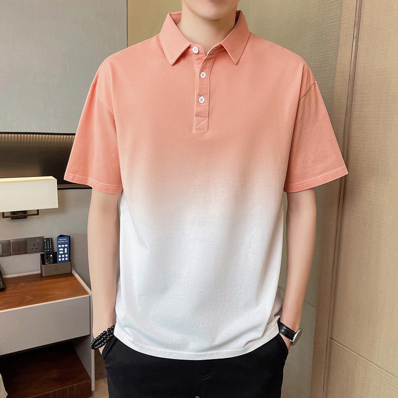 Men's Gradient Color Block Polo Shirt, Casual Short Sleeve Contrast Collar Top for Summer