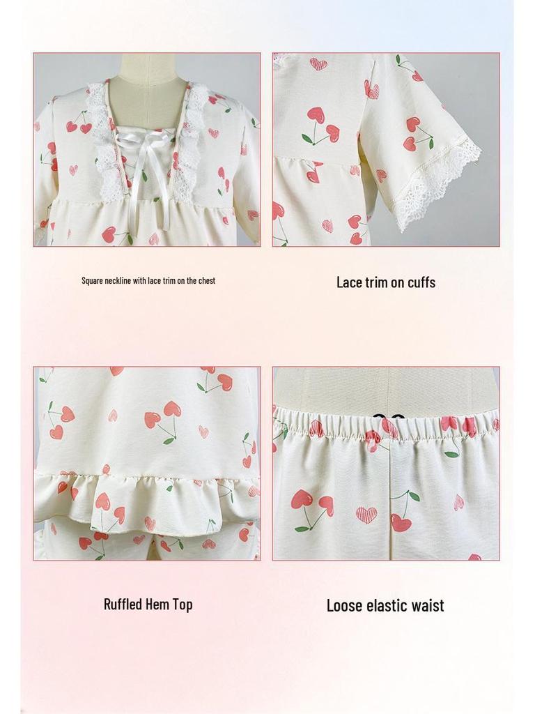 Cherry Print Lace-Trimmed Cloud Cotton Pajama Set with Ruffles