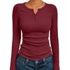 Damen Langarm Schlank Passend Uni Gerippt Gestrickt Geknöpft Basis Schicht T-Shirt