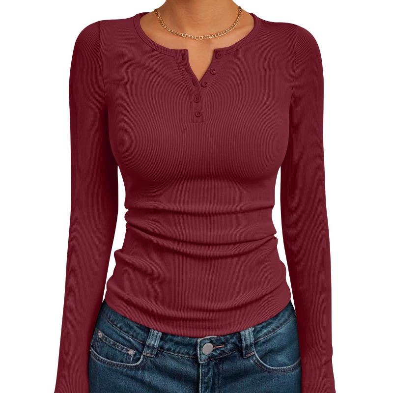 Damen Langarm Schlank Passend Uni Gerippt Gestrickt Geknöpft Basis Schicht T-Shirt
