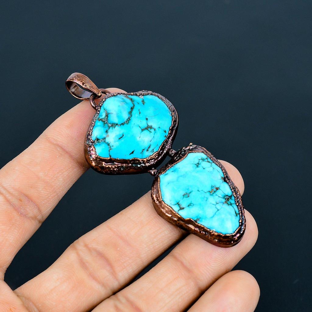 Blue Turquoise Tumble Pendant Handmade Gemstone Jewelry, Copper Electroformed Pendant ,Unique Design Jewelry Pendant