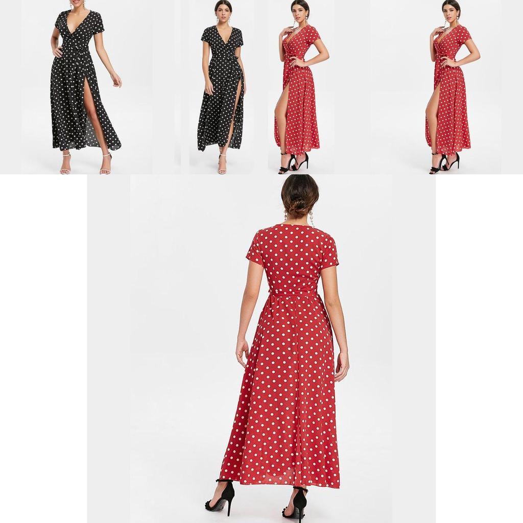 Women Short Sleeve V Neck Swing Dress With Elegant Polka Dot Print And Slit Detail