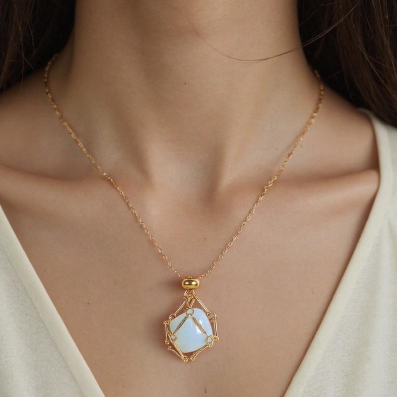 Handcrafted Square Crystal Pendant Necklace With Flexible Bamboo Link Chain And Secure Mesh Cage Setting For Elegant Occasions