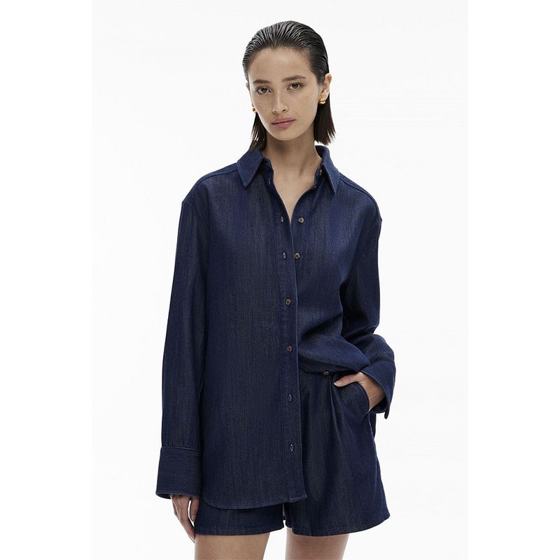 

Foreign Trade Original Order Wit * Chery Loose Lapel Long Lyocell Retro Demin shirt Long sleeve Top 1554 Dark Blue 16