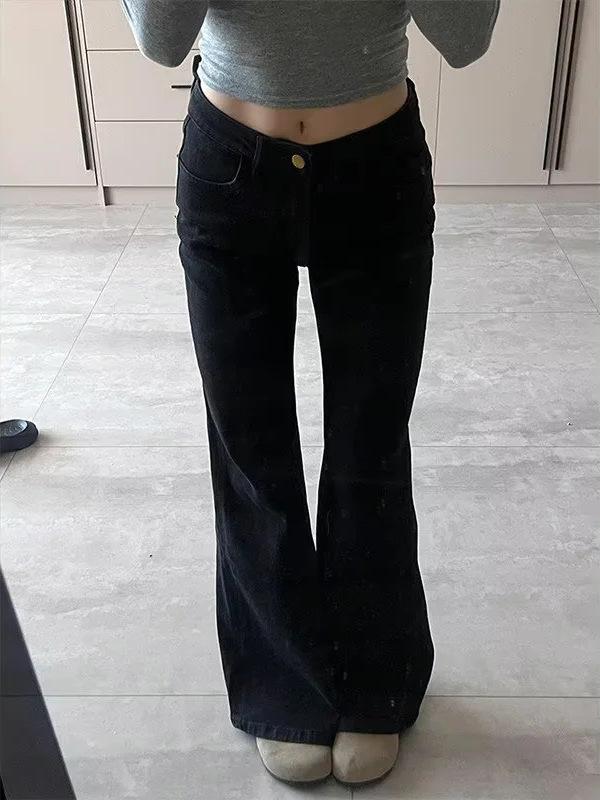 Women's Black Micro-Flare Low-Waist Stretch Jeans - Spring/Autumn 2025 Style, Non-Sticking, Wide-Leg.