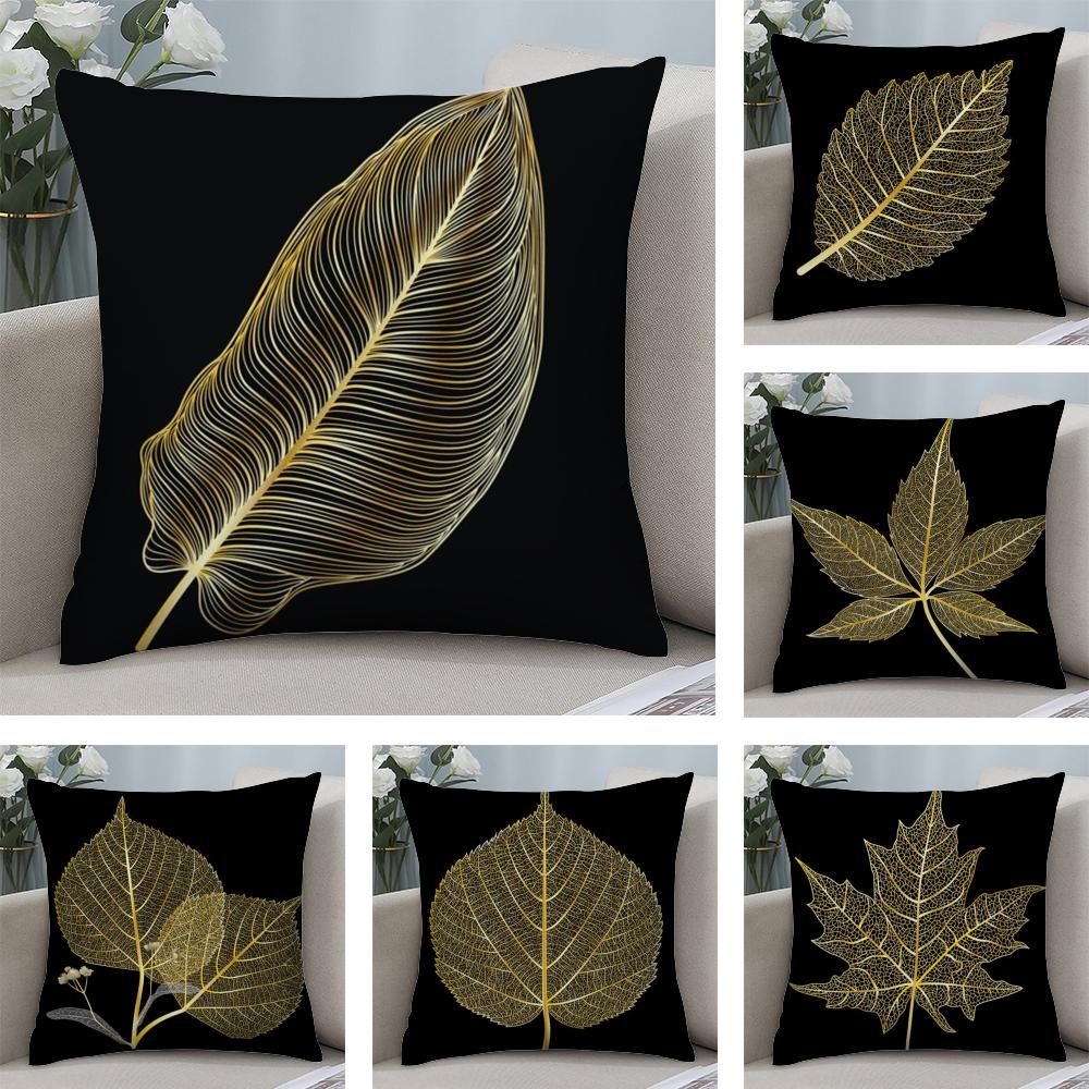 Golden Leaf Branch Pattern Cushion Cover Plush Fabric Soft DoubleSided Printed Sofa Warm Winter Home Child Gift Pillow Case